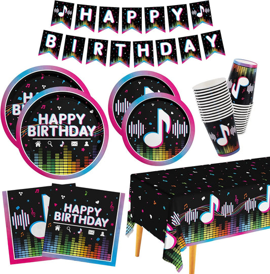 Music Party Supplies Disposable Paper Plates Napkins Cups Tablecloth and Banner for Girls Boys Music Party Birthday Decorations, Serve 25.