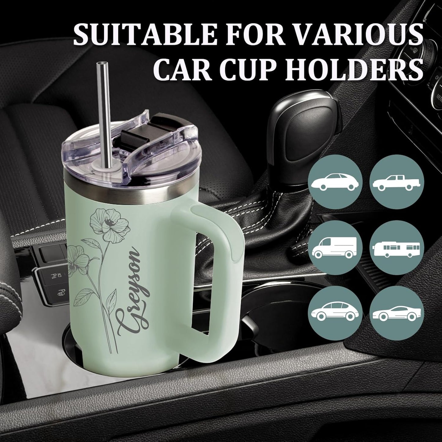 Personalized 40 Oz Tumbler with Handle Custom Tumbler with Name & Birth Flower Month, Stainless Steel Travel Coffee Mug Cup, Birthday Gifts Personalized Gifts for Women Men