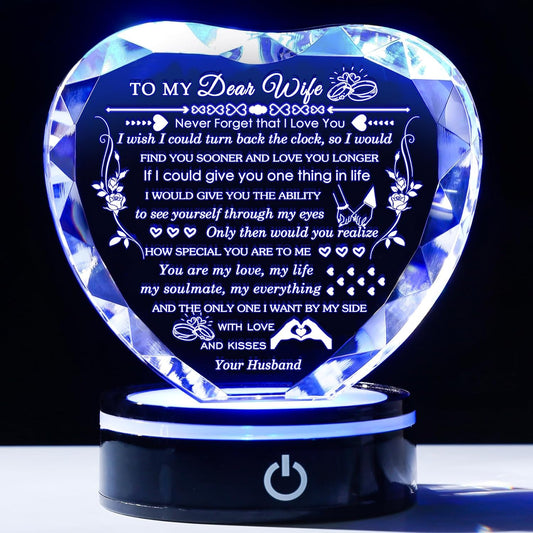 Gifts for Wife with Colorful LED Base Romantic Wife Anniversary Birthday Gift Ideas Crystal Heart to My Wife Gifts from Husband on Valentine's Day Christmas Mother's Day