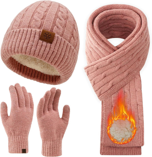 Womens Winter Beanie Hat Scarf Gloves Set, Knit Touch Screen Gloves Long Scarf Skull Caps Fleece Lined Winter Gift