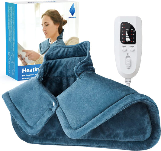 NIUONSIX Heating Pad for Neck and Shoulders and Back, Birthday Gifts for Women Mom Wife Men Dad, Weighted Electric Heated Wrap for Pain Relief and Daily Relax, 6 Heat Settings 4 Timers Auto Off, Blue