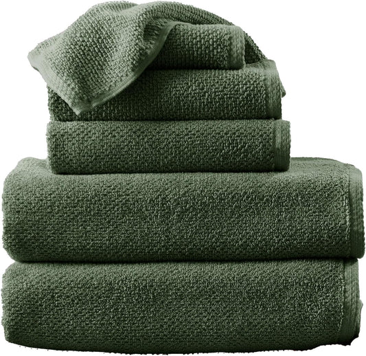 Green Bath Towels - 100% Cotton 6 Piece Towel Set - 2 Bath Towels, 2 Hand Towels, 2 Washcloths - Absorbent, Quick-Drying, Durable Towels for Bathroom Decor - Low-Twist, Two-Ply Fibers (Forest Green)