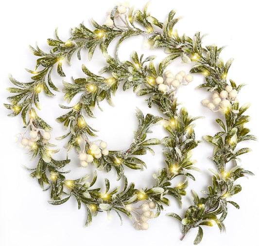 Joyhalo Christmas Garland with Lights Battery Operated - 5.9ft 20 LED White Berry Lighted Christmas Garland, Christmas Decorations Prelit Garland Indoor Outdoor Fireplace Stairs Railing Mantle Decor