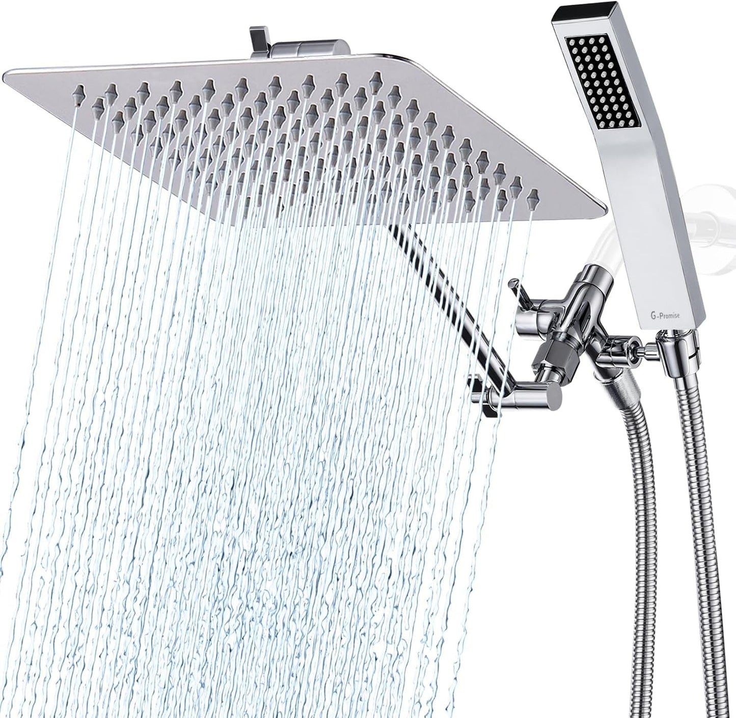 G-Promise All Metal 10" Dual Square Shower Head Combo | Rain Shower Head | Handheld Shower Wand | Adjustable | Smooth 3-Way Diverter | 71" Extra Long Hose - A Bathroom Upgrade (Chrome)
