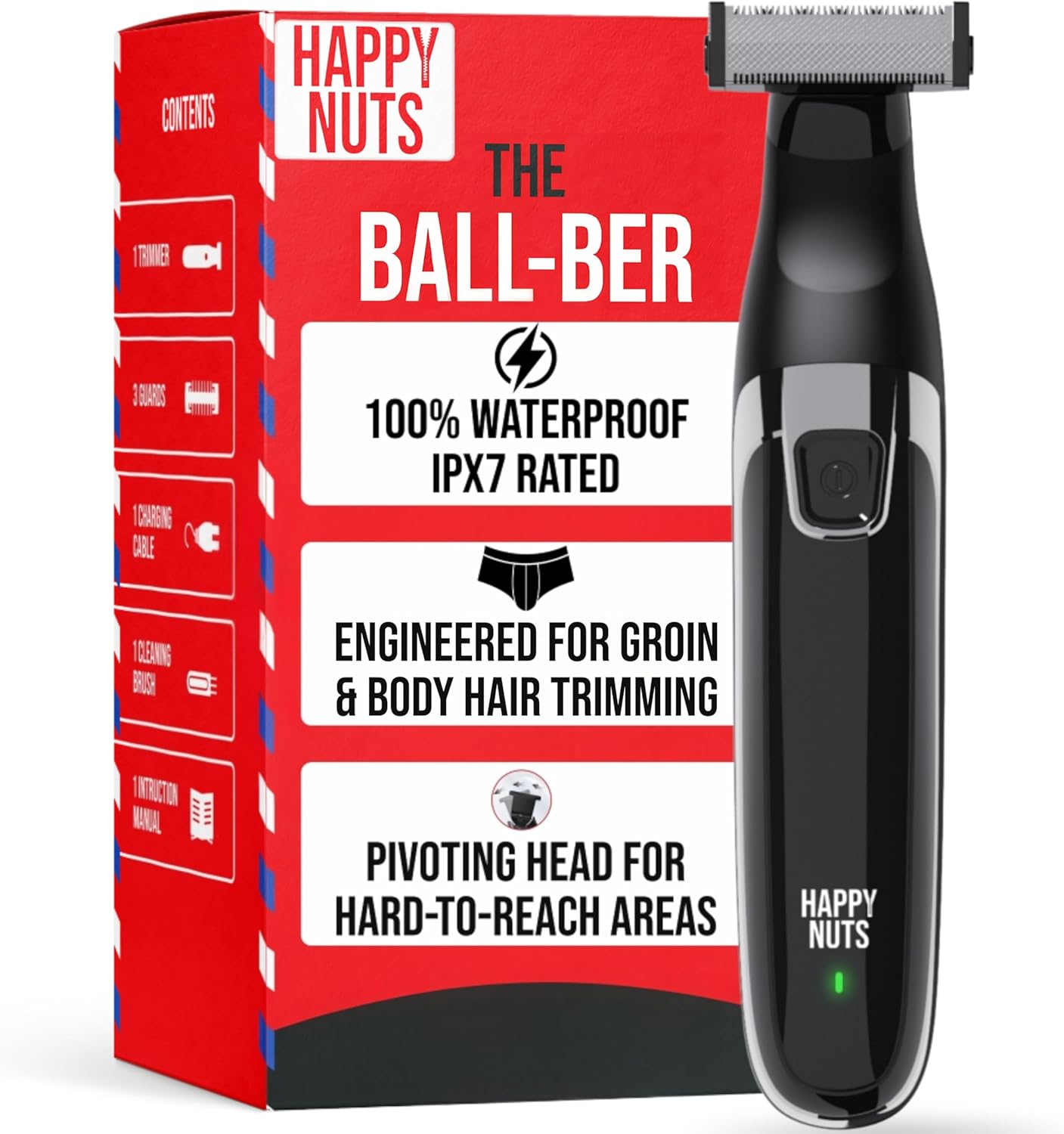 HAPPY NUTS The Ballber™ Electric Body Hair Trimmer for Men - Mens Body Groomer Kit for Privates - IPX7 Waterproof Shaver for Hard to Reach Areas