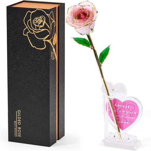 Mikasol Real 24K Gold Dipped Realistic Rose – Timeless Lifelike Bloom with Heart Puzzle Base – Romantic Gradient Pink Flower Gift for Her, Wife, Girlfriend, Mom – Birthday, Anniversary, Mother’s Day