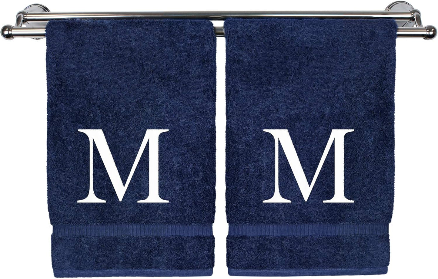 Monogrammed Hand Towel, Personalized Gift, Set of 2- White Block Letter Embroidered Towel - Extra Absorbent 100% Turkish Cotton - Soft Terry Finish - Initial M Navy