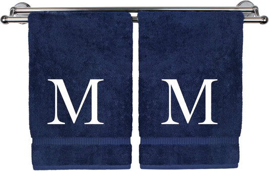 Monogrammed Hand Towel, Personalized Gift, Set of 2- White Block Letter Embroidered Towel - Extra Absorbent 100% Turkish Cotton - Soft Terry Finish - Initial M Navy