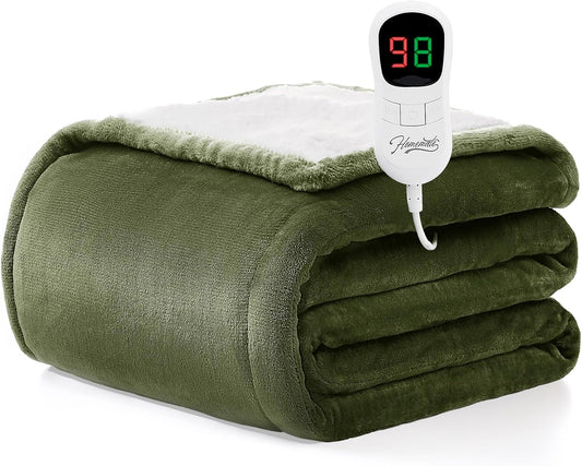 Homemate Heated Blanket Electric Throw - 50"x60" Heating Blanket Throw 1/2/4/6/8 Hours Auto-Off 10 Heat Level Over-Heat Protection Flannel Sherpa ETL Certification