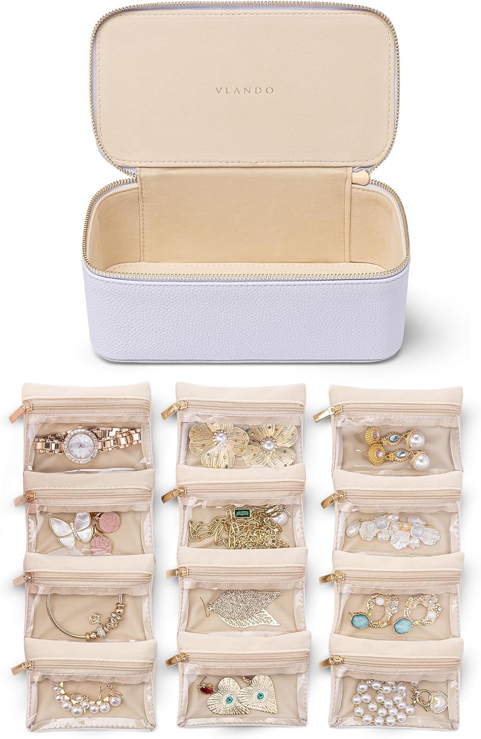 Vlando Jewelry Box with 12 Velvet Jewelry Bags Travel Jewelry Case for Girls Jewelry Organizers Necklace Rings Earrings Storage Bags Christmas Gifts Bridal Shower Gifts-Purple