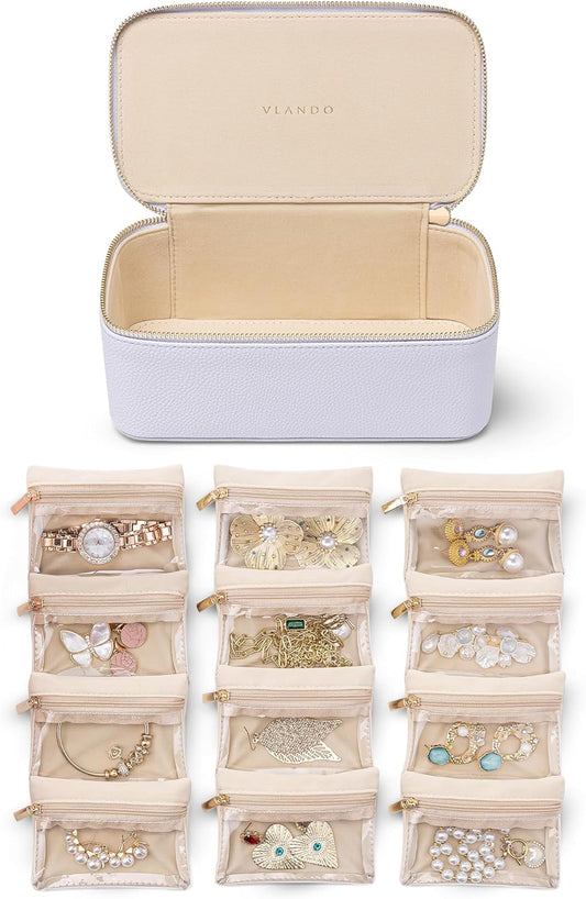 Vlando Jewelry Box with 12 Velvet Jewelry Bags Travel Jewelry Case for Girls Jewelry Organizers Necklace Rings Earrings Storage Bags Christmas Gifts Bridal Shower Gifts-Purple