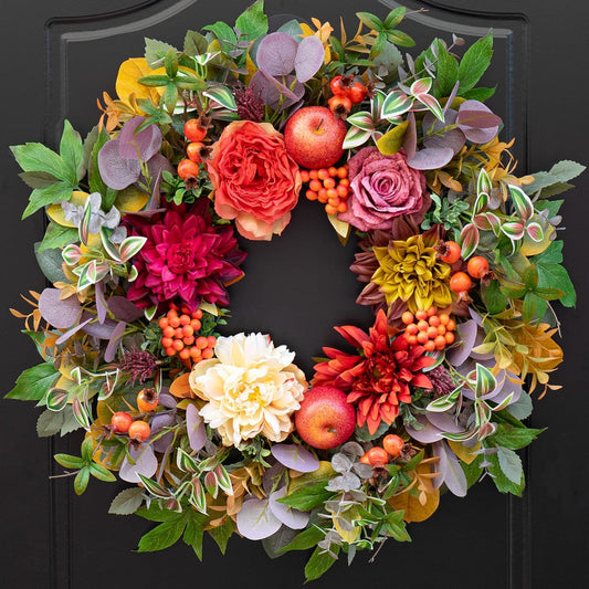 Fall Wreaths for Front Door Outside Autumn Wreath with Flowers, Apples, Berries & Leaves Fall Wreath for Outdoor Wreaths for Front Door, Autumn Decor for Outdoor 24 Inch