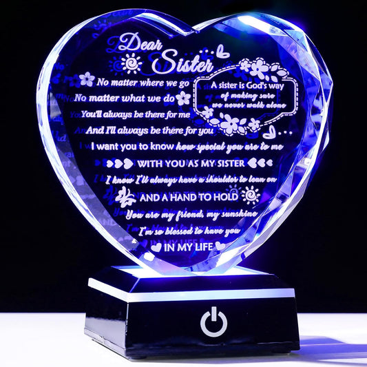 YWHL Sister Birthday Gifts from Sister Brother To My Sisters Crystal Heart Keepsake with Colorful Light Base Sister Gifts for Women for Christmas Mother's Day