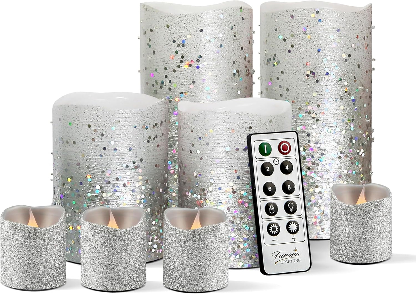 FURORA LIGHTING Silver Glitter LED Candles with Remote and Timer, 4 Pillars and 4 Votives Pack of 8, Real Wax Flameless Flickering Candles for Home Décor, Battery Included