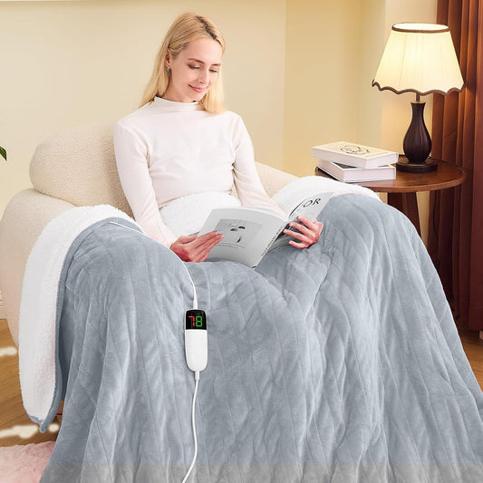 Greenoak Heated Blanket - Electric Full 72"X84", 10 Heat Levels, Auto-Off, Overheat Protection, Soft Flannel Sherpa, ETL Certified Dove Grey