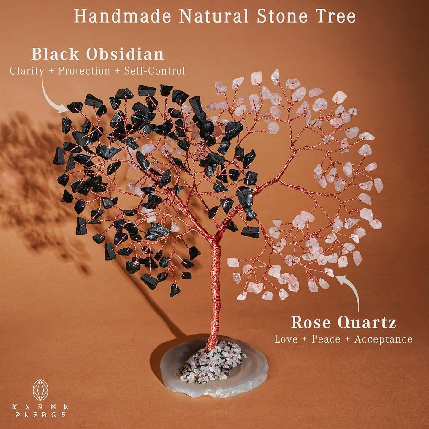 Crystal Tree for Home and Office Decoration, Black Obsidian & Rose Quartz Healing Stones Handmade Tree of Life for Positive Energy, Money, Good Luck, Christmas Decor, Birthday Gifts for Women, Mom