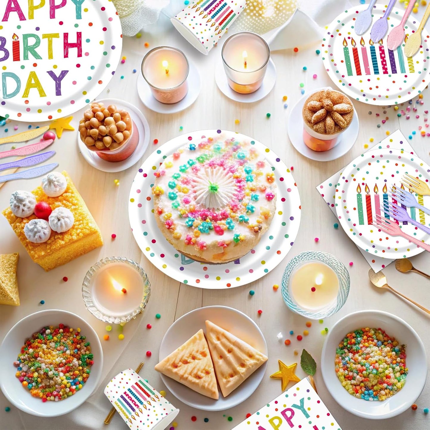 142pcs Happy Birthday Party Supplies Set with Colorful Polka Dots Design- Includes Disposable Paper Birthday Plates and Napkins, Cups, Tablecloth, and Banner，Dots Party Supplies Serves 20 Guests