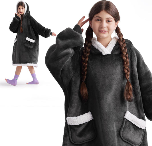 Bedsure Blanket Hoodie, Wearable Blanket for Adults & Kids as Gifts for Women Men, Birthday Gifts for Women Mom Girl Sherpa Oversized Hoodie, Grey Black, Kids