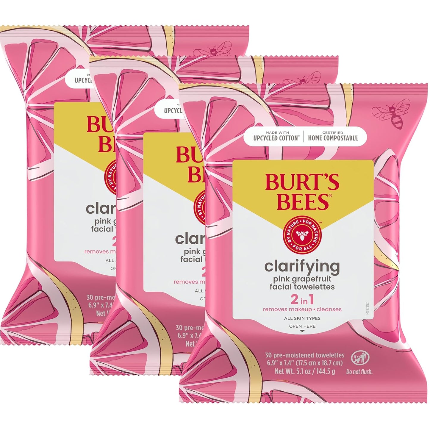 Burt's Bees Back To School Dorm Essentials, Pink Grapefruit Face Wipes, for All Skin Types, Hydrating Makeup Remover & Facial Cleansing Towelettes, 30 Ct. (3-Pack)