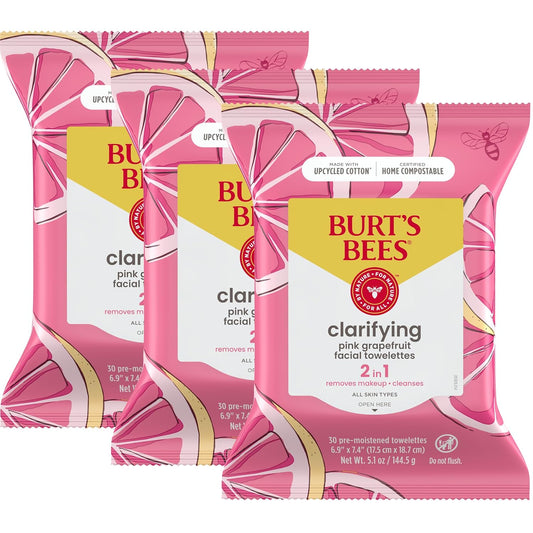 Burt's Bees Back To School Dorm Essentials, Pink Grapefruit Face Wipes, for All Skin Types, Hydrating Makeup Remover & Facial Cleansing Towelettes, 30 Ct. (3-Pack)