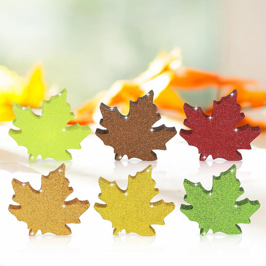 COCHIE Wooden Fall Leaves Decorations for Home Office Indoor, Farmhouse Thanksgiving Table Tiered Tray Decor Set of 6, Vintage Fall Harvest Maple Leaf Block Signs Tabletop Shelf Decoration (Glitter)