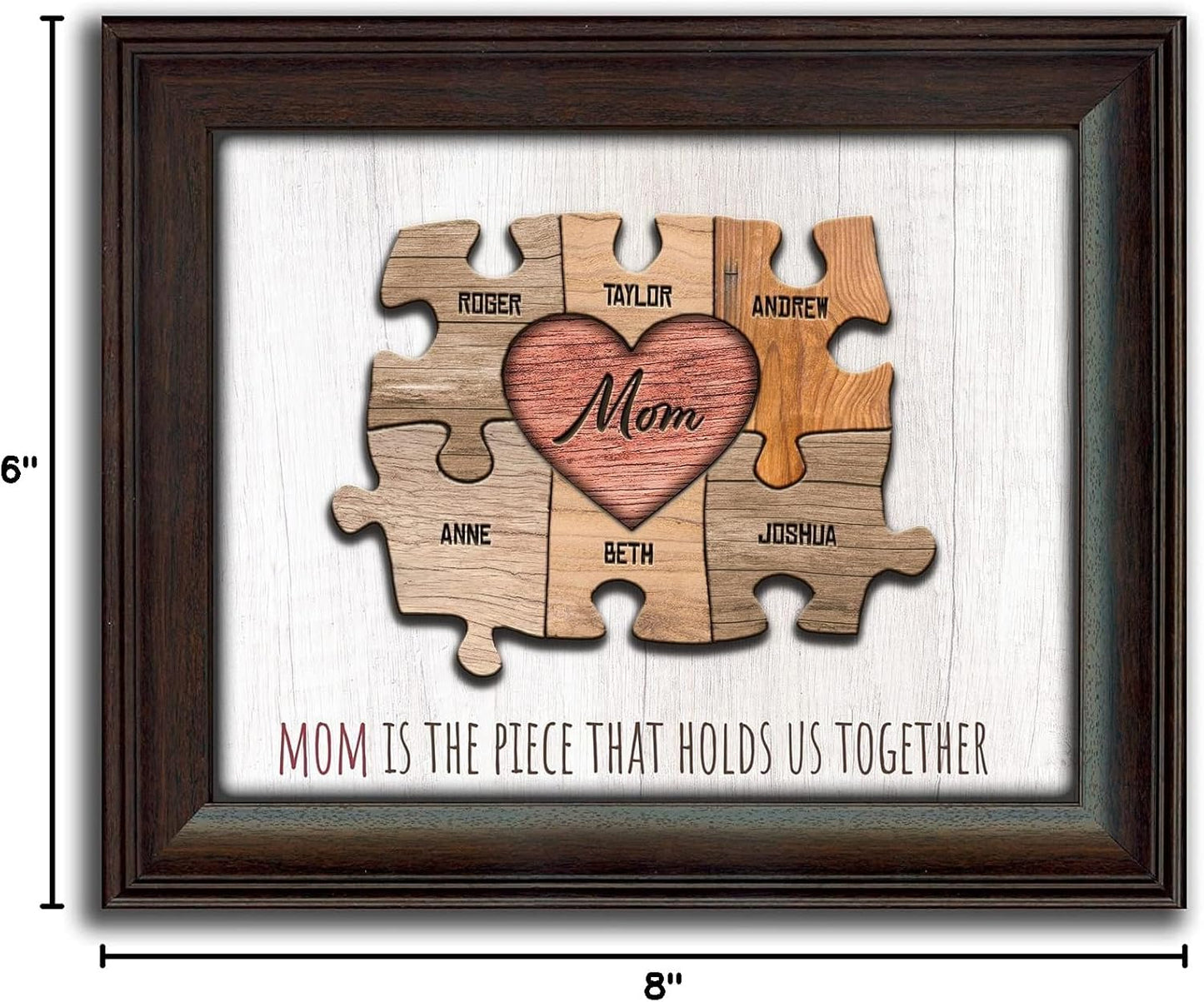 Personal-Prints MOM & Children Personalized HEART Puzzle Wall Art | Unique Customized with up to 8 Names | Mother’s Day, Birthday or Christmas Gift (13"x16" Framed Paper Print, 6 Children)