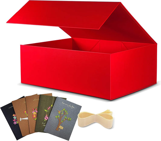 5 Pack Large Gift Box, Red, 13x10x5 inch with Magnetic Lids Gift Packaging Box, Bridesmaid Boxes for Presents Contains Card, Ribbon, Foldable