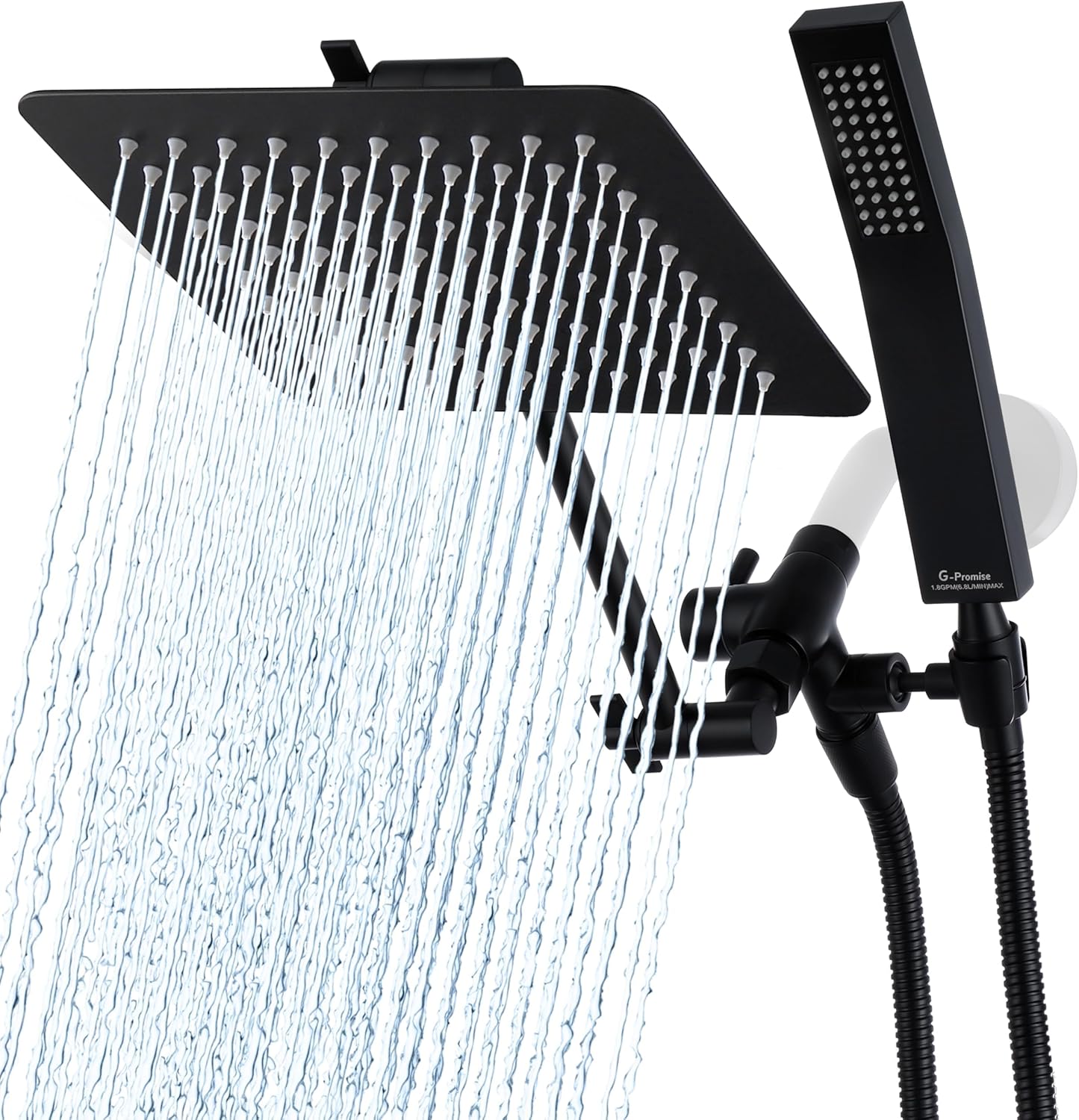 G-Promise All Metal 10" Dual Square Shower Head Combo | Rain Shower Head | Handheld Shower Wand | Adjustable | 3-Way Diverter | 71" Extra Long Hose - A Bathroom Upgrade (Matte Black)