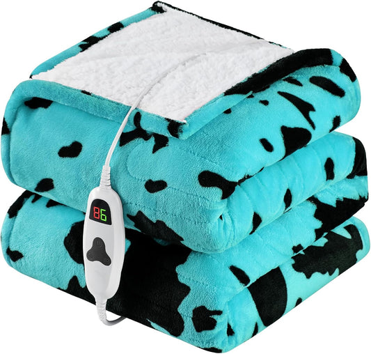 Cow Print Heated Electric Blanket Throw,50X60 Green Heating Blanket with 10 Heats Levels & 8 Hours Auto Off,Highland Cow Decor Stuff Fleece Sherpa Blankets Warmer Gifts for Women Adults Washable,ETL