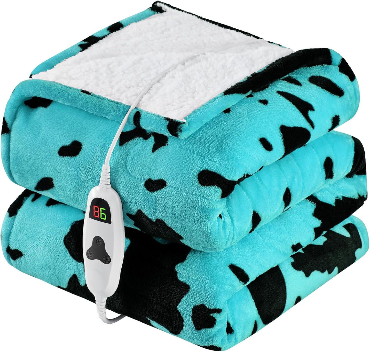 Cow Print Heated Electric Blanket Twin Size,62X84 Green Heating Blanket with 10 Heats Levels & 8 Hours Auto Off,Highland Cow Fleece Sherpa Blankets Warmer Gifts for Women Adults Couch,Washable,ETL