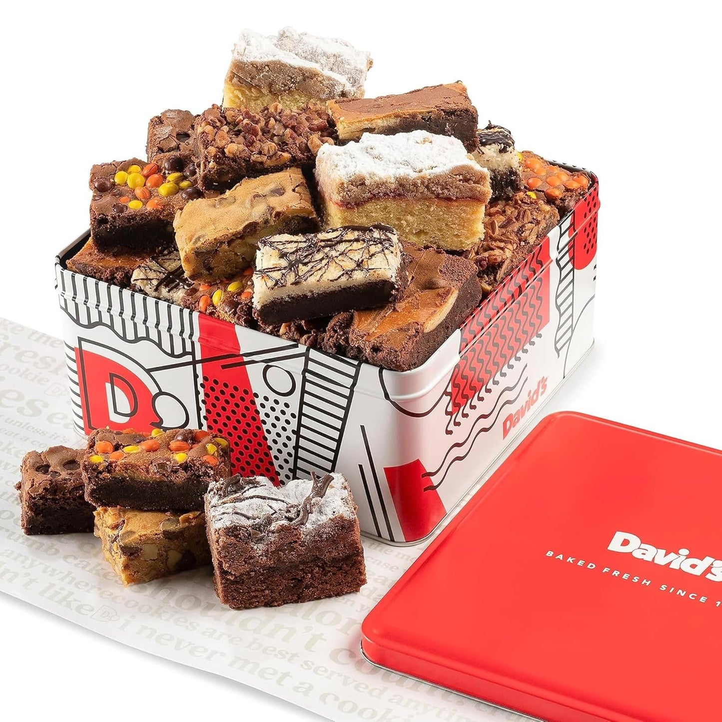 David's Cookies Assorted Brownies & Crumb Cake Gift Tin 3Lbs - Delicious, Fresh Baked Snacks, Gourmet Chocolate Fudge Slices, Brownies Gift Basket - Ideal Gift for Superbowl & Other Special Occasions