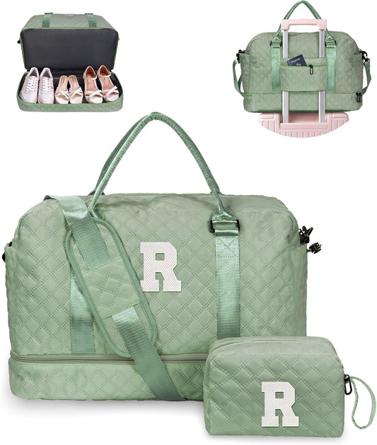 Gifts For Teacher Women-Initial Girl Travel Bag with Shoe Compartment, Personalized Weekender Bag for Her, Monogram Overnight Bag for Women, Letter Travel Bag with Makeup Bag (Letter R)