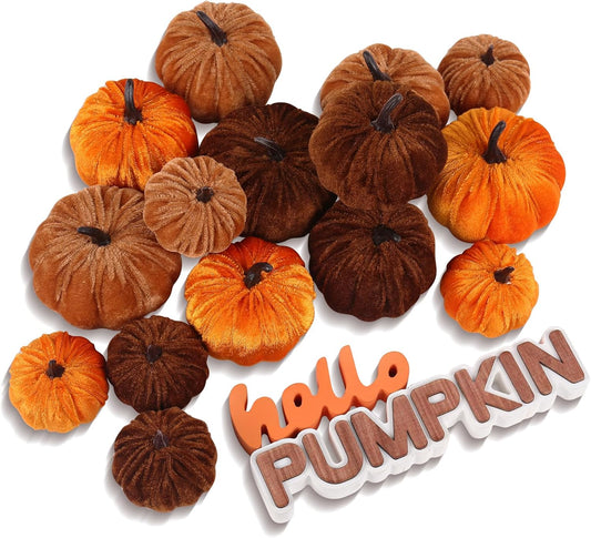 17 Pack Fall Artificial Velvet Pumpkins Decorations, Foam Faux Flocked Pumpkin Including Wooden Hello Pumpkins Sign, for Home Autumn Harvest Theme Party Halloween Thanksgiving Table Decor.