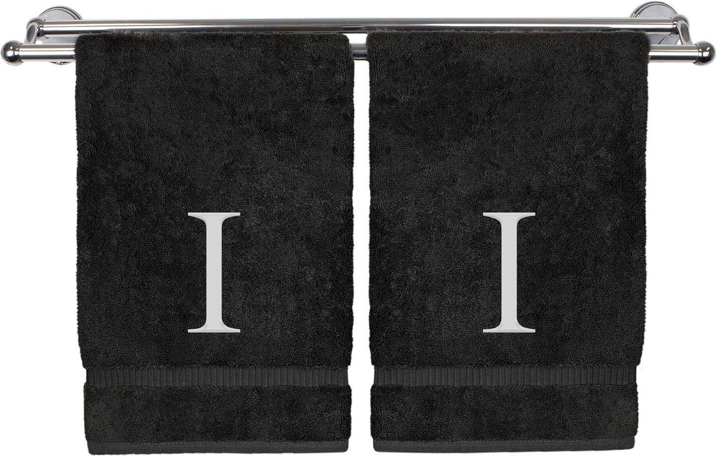 Monogrammed Hand Towel, Personalized Gift, Set of 2- White Block Letter Embroidered Towel - Extra Absorbent 100% Turkish Cotton - Soft Terry Finish - Initial I Black