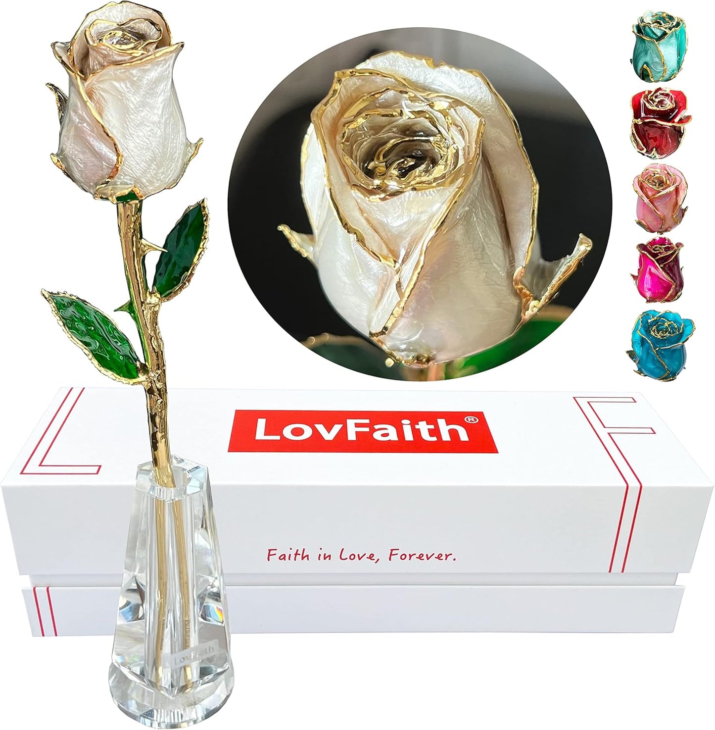 Valentine Gift Real Rose Dipped 24K Gold with Crystal Stand, Best Anniversary Rose Gift for Her Wife Mother Birthday Christmas (A7. Pearl White -Original Rose)