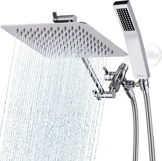 G-Promise All Metal 8 Inch Dual Square Shower Head with Handheld Spray Combo, Rain Shower Head, Adjustable Extension Arm, Smooth 3-Way Diverter, 71 Inch Extra Long Hose - A Bathroom Upgrade (Chrome)
