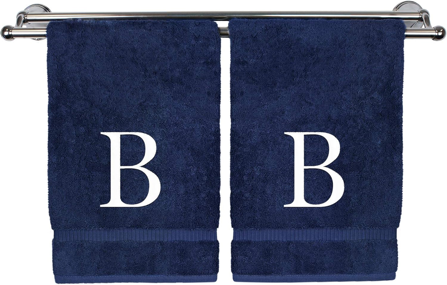 Monogrammed Hand Towel, Personalized Gift, Set of 2- White Block Letter Embroidered Towel - Extra Absorbent 100% Turkish Cotton - Soft Terry Finish - Initial B Navy