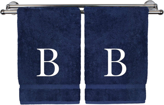 Monogrammed Hand Towel, Personalized Gift, Set of 2- White Block Letter Embroidered Towel - Extra Absorbent 100% Turkish Cotton - Soft Terry Finish - Initial B Navy