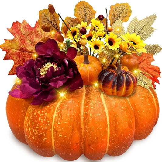 [Prelit & Timer] 12 Inch 20 LED Pumpkin Decorations Fall Decorations for Home, Fall Centerpieces for Tables Fake Pumpkins with Maples Leaves Berried for Thanksgiving Halloween Home Table Porch Indoor