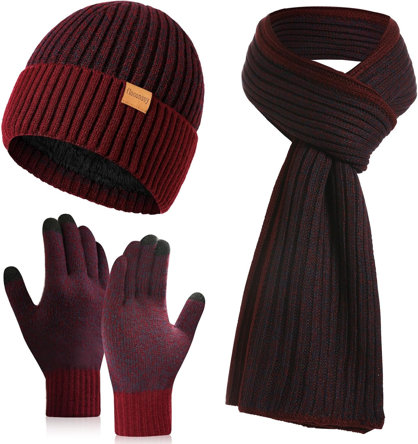 Men's Winter Hat Scarf Gloves Set, 3 PCS Warm Beanie Long Scarf Fleece Lined Touchscreen Gloves for Cold Weather