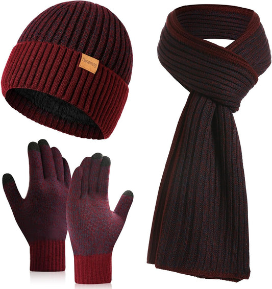 Men's Winter Hat Scarf Gloves Set, 3 PCS Warm Beanie Long Scarf Fleece Lined Touchscreen Gloves for Cold Weather