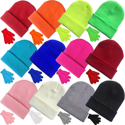 Vegove Kids Winter Beanie Hats 12 Pack, Knit Beanies Ski Hat Bulk Assorted Colors Gifts for 3-8 Years Old Boys Girls