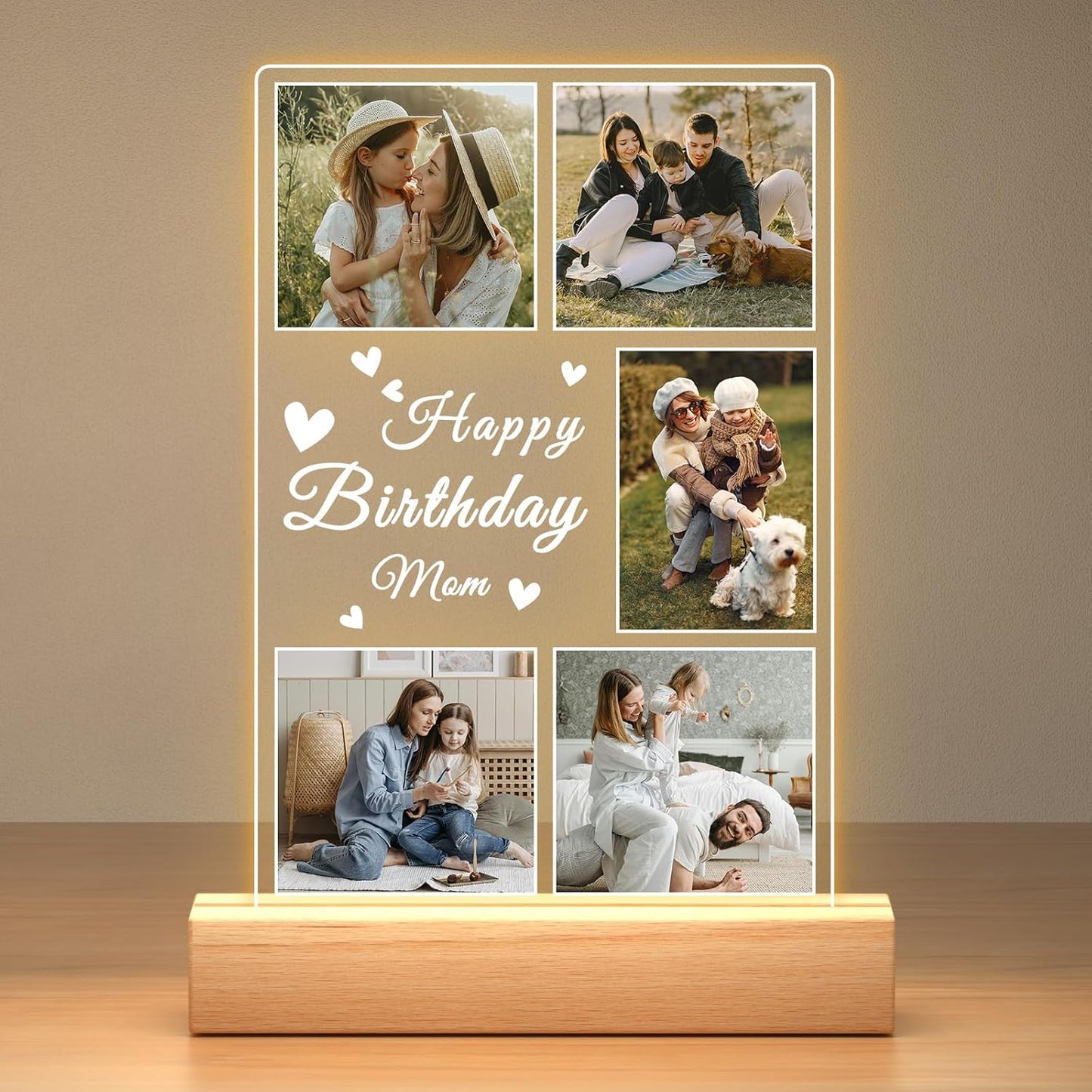 Custom Collage Picture Frames with Photos, Customized Acrylic Plaque Photo Frame with Night Light, Customized Mothers Day Gifts for Mom, Personalized Birthday Gifts for Mom from Daughter and Son