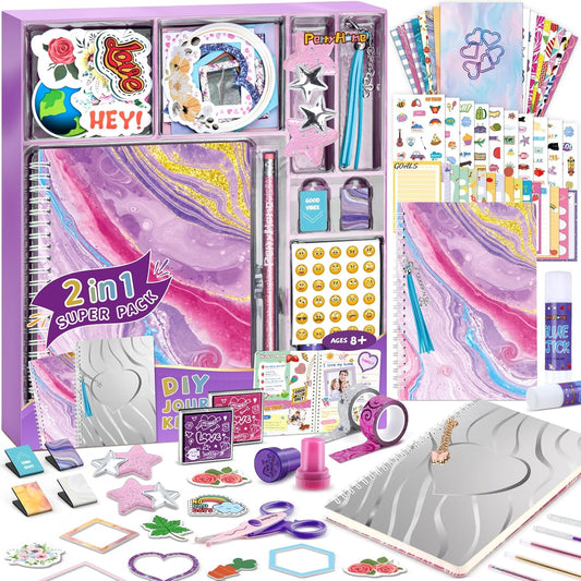 PERRYHOME 2-Pack DIY Journal Kit for Girls - 200+Pcs Journal Set for Tween & Teen Girls, Journaling Art & Crafts Kits, Ideal Gifts for 8 9 10 11 12 13 14 Year Old Girl, Scrapbook & Diary Supplies Set
