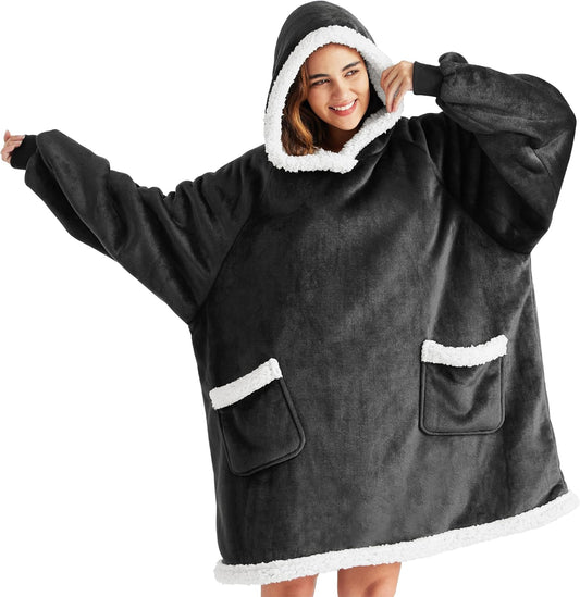 Bedsure Blanket Hoodie, Wearable Blanket for Adults & Kids as Gifts for Women Men, Birthday Gifts for Women Mom Girl Sherpa Oversized Hoodie, Grey Black, Small