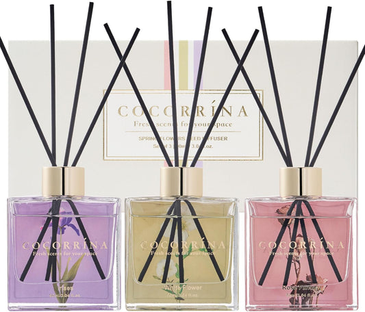 COCORRÍNA Reed Diffuser Set of 3-3 Pack/ 3.04 Fl.oz Diffuser with 24 Sticks White Flower/Irises/Rose Fantasy Reed Diffuser for Home Bathroom Office Decor