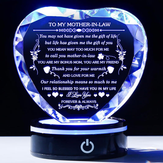 Gifts for Mother in Law with Colorful LED Base Unique Crystal Heart to My Mother in Law Mothers Day Christmas Birthday Gift Best Bonus Mom Gifts from Daughter/Son in Law