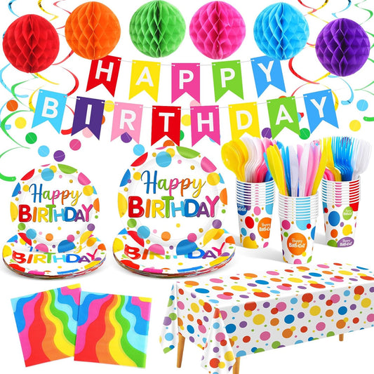 Zhehao Serves 129 Pcs Happy Birthday Party Supplies Set with Plates Napkins Cups Cutlery Rainbow Dot Birthday Decorations Kit Banner Tablecloth Hanging Honeycomb Balls Garland for Birthday Party