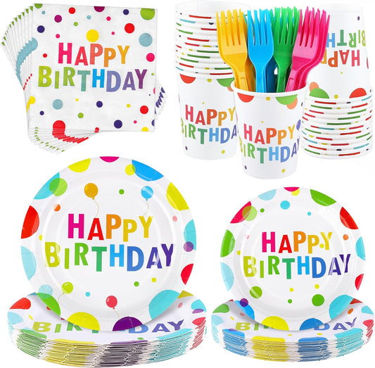 144 Pieces Happy Birthday Print Party Decorations Including Disposable Plates Napkins Cups Forks Tableware Sets Serves 24 for Birthday Party Supplies
