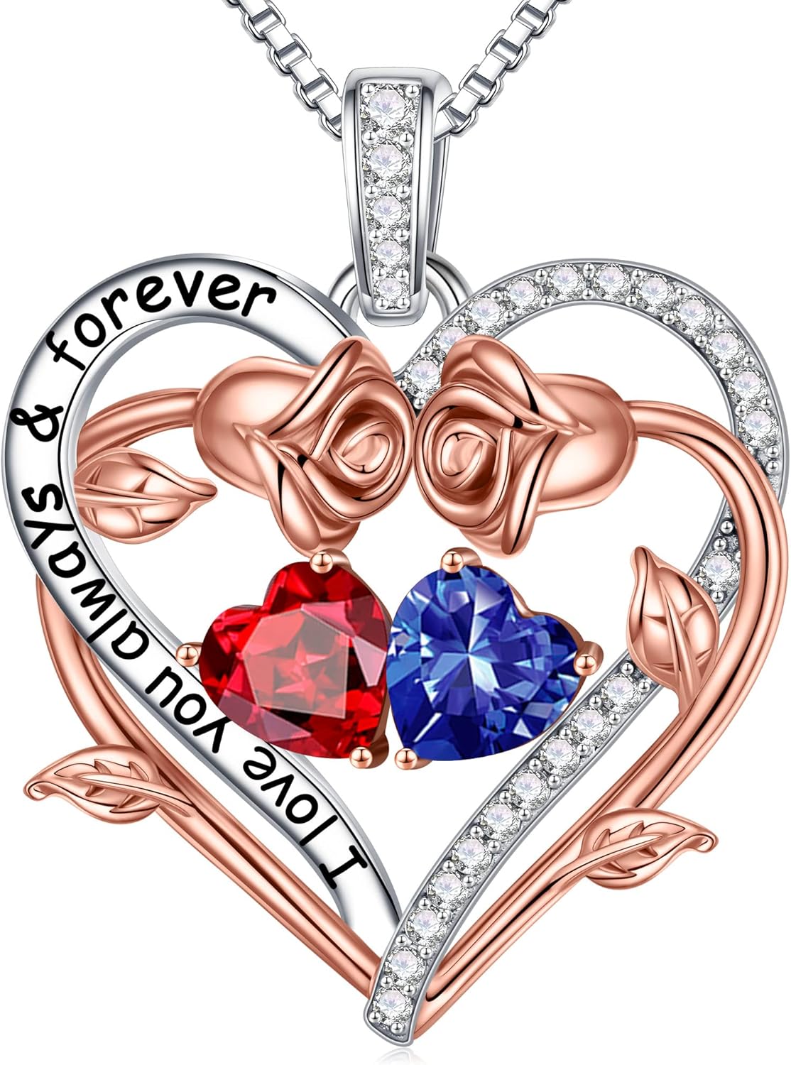 Iefil Rose Heart Double Birthstone Necklace Gifts for Wife Her Mom Women, Birthstone Jewelry Gemstone Birthday Gifts for Girlfriend Grandma Her Wife Women